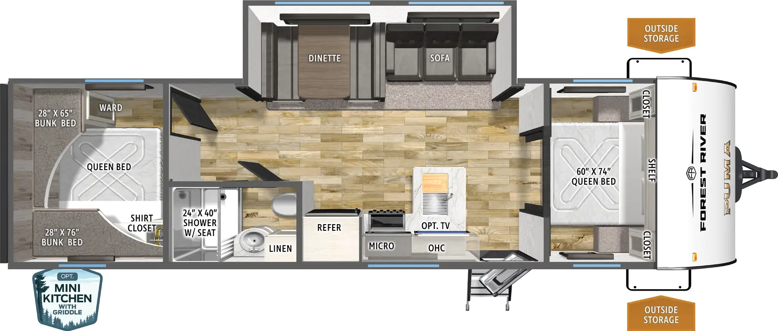 The Puma Camping Edition 303BHCE floorplan has one entry and one slide out. Exterior features include: metal exterior and outside kitchen. Interiors features include: bunk beds, front bedroom, rear bedroom and two bedrooms.